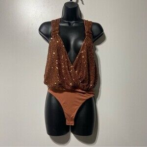 Free People Zuri Sequin Rust Orange Bodysuit Size Small NWT Tortoise Shell